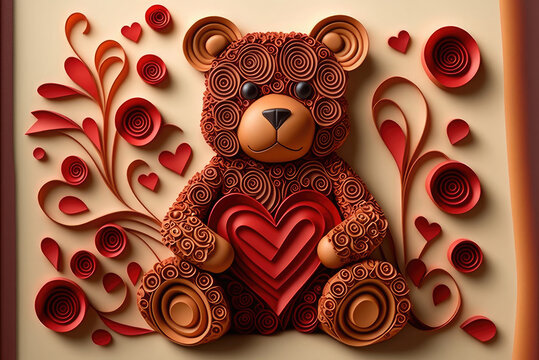 A Heart and Teddy Bear in Paper Quilling