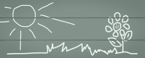 Ein Hintergrund, Schild mit Sonne, Gras und Blume stilistisch dargestellt.
