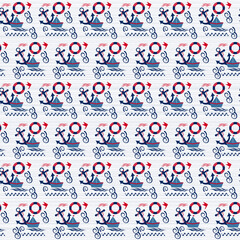 Sailing seamlesss pattern with nautical elements and stripes, red-blue-white color