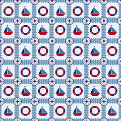Sailing seamlesss pattern with nautical elements and stripes, red-blue-white color