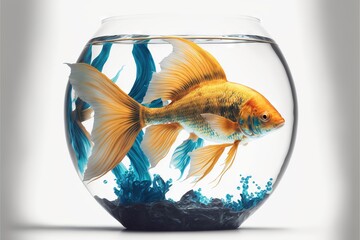 Fototapeta na wymiar a goldfish in an aquarium with blue water and a white background with a white background and a white background with a white background with a goldfish in it's. generative ai