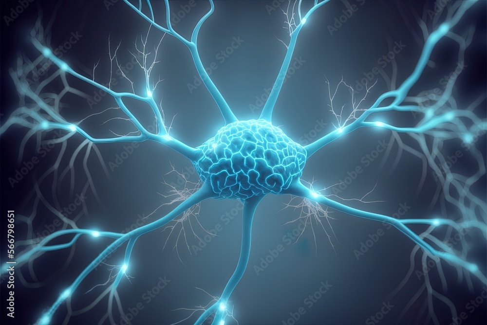 Poster image of a neuron cell pulsing with electricity. generative ai