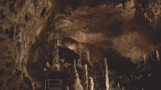 Baradle Cave in Aggtelek National Park in Hungary. Stalactite and stalagmite inside a cave