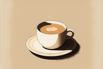 Obraz premium a cup of coffee on a saucer on a plate on a table top with a shadow of a cup of coffee on the saucer. generative ai