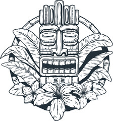 Tiki mask with tropical leaves and exotic flowers for summer hawaiian tiki bar or tropic beach © Casoalfonso