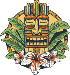 Tiki mask with tropical leaves and exotic flowers for summer hawaiian tiki bar or tropic beach © Casoalfonso