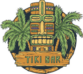 Tiki bar with tiki mask, wooden signboard and tropical leaves of palm for summer hawaii surfing and tropic exotic beach © Casoalfonso