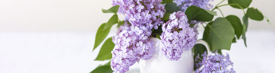 Beautiful spring composition with lilac flowers in a white cup for countryside decor, banner, copy space for text. Greeting card for Mother's or Women's Day, 8th March, birthday