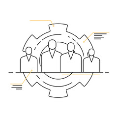 Vector illustration of a group of people who are in a circle of gears. The concept of the principle of the support service on various sites, hiring, searching for job. Technical or customer support.