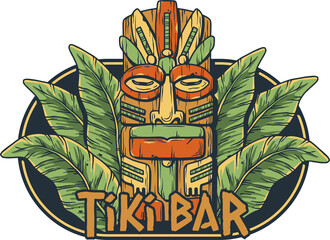 Tiki mask with tropical leavs for summer hawaii beach. Exotic mask for surfing prints or tiki bar © Casoalfonso