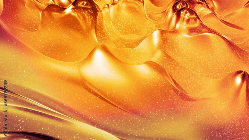 Poster abstract background with wavy sparkling golden liquid pattern on shiny glossy surface. viscous yello