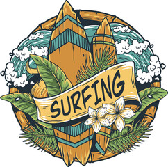 Surfing board. Trendy hawaii surf or surfboard for tiki bar. Traditional ethnic hawaiian board. Tribal summer surfer © Casoalfonso