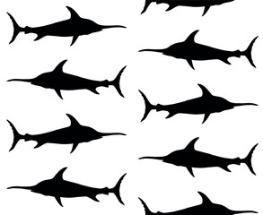 Vector seamless pattern of hand drawn swordfish silhouette isolated on white background
