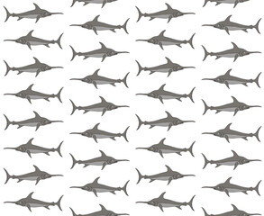 Vector seamless pattern of hand drawn doodle sketch colored swordfish isolated on white background