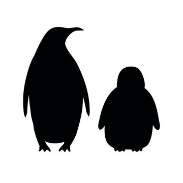 Vector flat hand drawn emperor penguin with baby silhouette isolated on white background