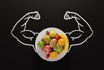 Muscles on the background of a plate with different fruits. The concept of healthy eating, fruits that give strength and essential food ingredients. 3D render, 3D illustration.