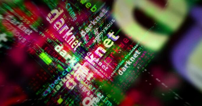 Darknet media and abstract screen 3d seamless looped. Fly between glitch and noise text concept of darkweb and cyber crime and illegal network.