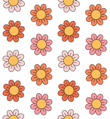 Vector seamless pattern of different color groovy retro flower isolated on white background
