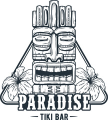 Tiki mask with flowers for tropical paradise. Exotic summer hawaii print for surfing or beach tiki bar © Casoalfonso
