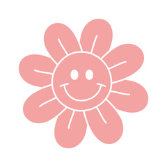 Vector groovy retro pink flower with face isolated on white background