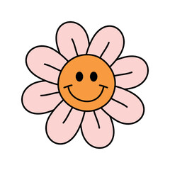 Vector groovy retro colored flower with face isolated on white background