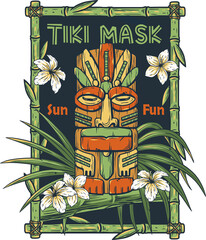 Tiki mask with tropical frame and leaves. Exotic background for summer hawaii surfing or beach tiki bar © Casoalfonso