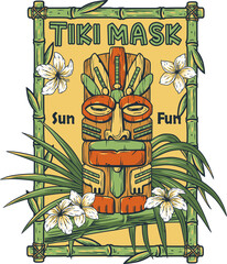 Tiki mask with tropical frame and leaves. Exotic background for summer hawaii surfing or beach tiki bar © Casoalfonso