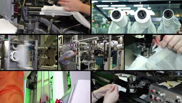 Hosiery Manufacturing - Multi Screen Video Montage. Automated Production in Garment Factory.  Production Manager Overseeing Manufacturing Machines. Women's Hosiery and Pantyhose Manufacturing. 