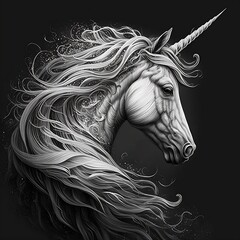 Unicorn head powerful lush mane black and white illustration