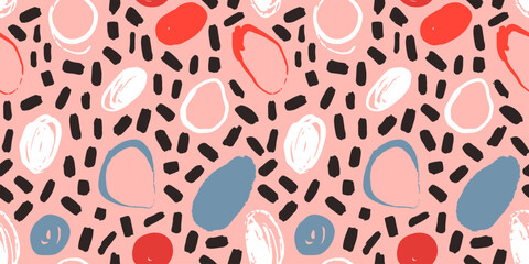 Abstract circle shape seamless pattern with brush stroke decoration and hand drawn shapes. Pink color doodle background for fashion print, cute backdrop or minimal wallpaper design.
