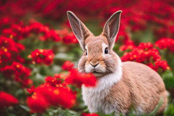 Chinese new year 2023 year of the rabbit. Gold bunny rabbit with red flowers