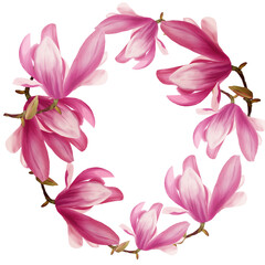 Beautiful pink magnolia wreath. Flowers set with Magnolia flowers. Isolated elements with Magnolia flowers, brunches and leaves
