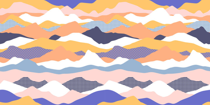 Abstract mountain landscape seamless pattern illustration. Retro art style wave background design with geometric texture shapes.