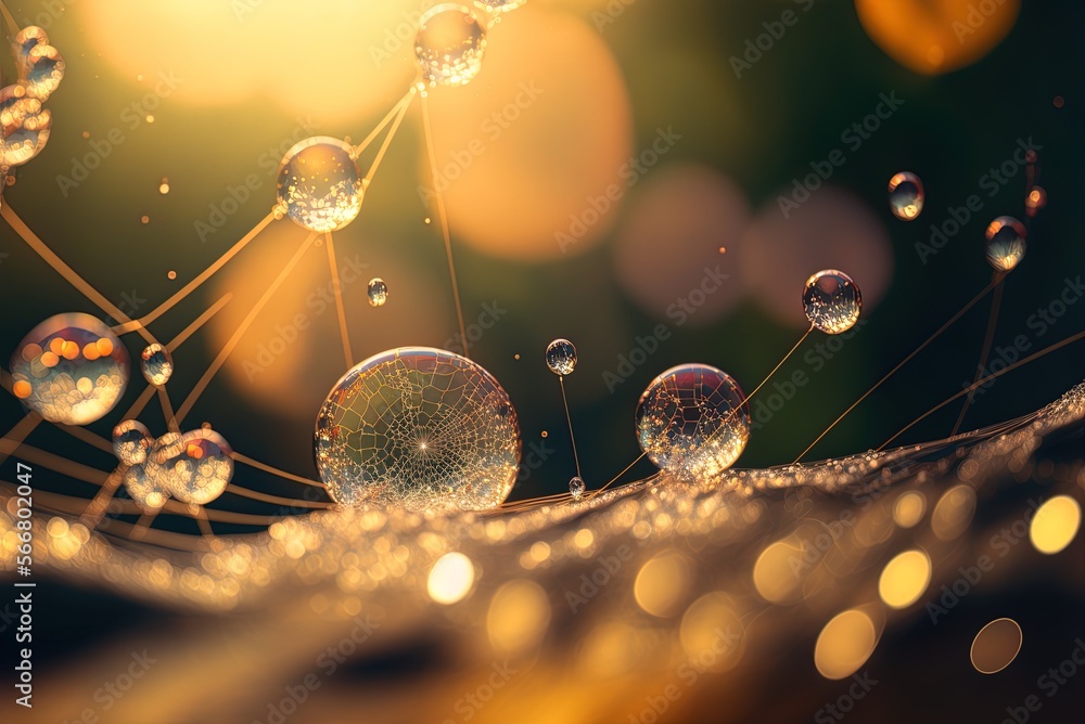 Poster crystalline dew droplets on a spider web illuminated by the sun create a bokeh-effect backdrop in th