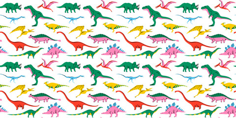 Retro dinosaur doodle seamless pattern illustration. Colorful 90s style dinosaurs background for educational concept or children toy print. T-rex, triceratops, pterodactyl and more animals.