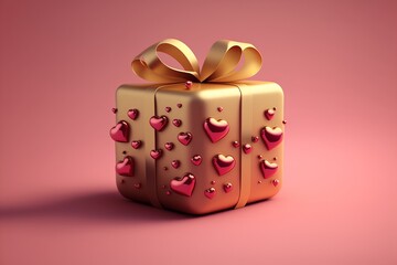 Golden gift with many sparkling pink hearts - obrazy, fototapety, plakaty