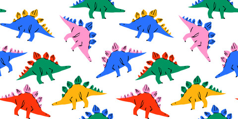Retro dinosaur doodle seamless pattern illustration. Colorful 90s style dinosaurs background for educational concept or children toy print. Stegosaurus repeat texture wallpaper art. © Dedraw Studio