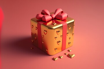 Golden gift with embossed hearts and red ribbon - obrazy, fototapety, plakaty