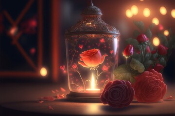 fantastic wallpaper with a red rose in a jar - obrazy, fototapety, plakaty