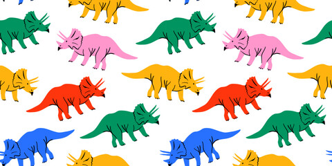 Retro dinosaur doodle seamless pattern illustration. Colorful 90s style dinosaurs background for educational concept or children toy print. Triceratops repeat texture wallpaper art.