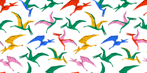 Retro dinosaur doodle seamless pattern illustration. Colorful 90s style dinosaurs background for educational concept or children toy print. Pterodactyl repeat texture wallpaper art.