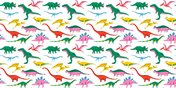Retro dinosaur doodle seamless pattern illustration. Colorful 90s style dinosaurs background for educational concept or children toy print. T-rex, triceratops, pterodactyl and more animals.