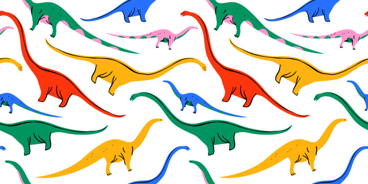 Retro dinosaur doodle seamless pattern illustration. Colorful 90s style dinosaurs background for educational concept or children toy print. Brachiosaurus repeat texture wallpaper art. © Dedraw Studio