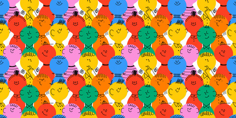 Diverse colorful children people crowd seamless pattern illustration. Multi color little kid cartoon characters in funny childish doodle style. Friendly community or school student background concept. © Dedraw Studio