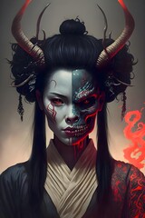 beautiful geisha woman with a demon mask 
(not a real person)
