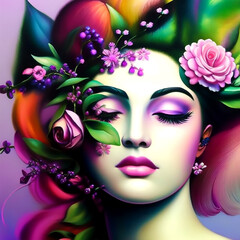 Illustration of a woman with flowers in her hair pink and purple color, full dynamic color, close-up character, with colorful face icon, punk woman. Generative AI