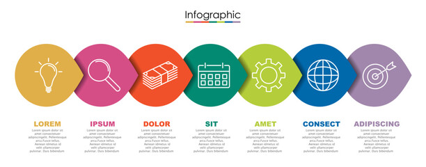 Vector infographic template with seven steps or options. Illustration presentation with line elements icons.  Business concept design can be used for web, brochure, diagram, chart or banner layout.