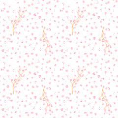 Seamless floral pattern blooming pink cherry with branches on white background. Design ornament for wallpaper, wrapping, print fabric, paper, wedding card. Hand drawn.