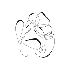 One Line Drawing Woman Face. Beauty Female Portrait in Sketch Art Style, Continuous Line Draw Head with Flower