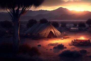 Fototapeta na wymiar Campfire with tents created with AI